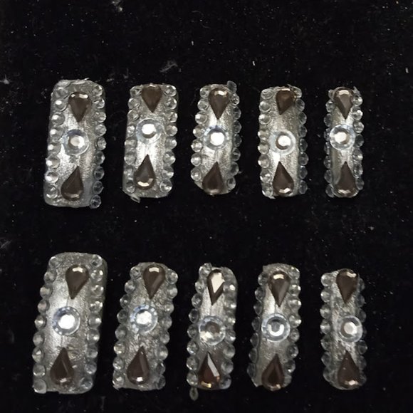Custom Gel Press on Nails Handmade 10 pc set LONG full bling gemstone Silver - Picture 1 of 1